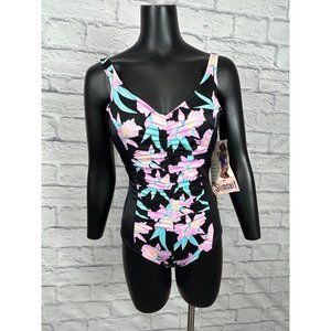 The‎ SlimSuit Black Floral 1 Piece V-Neck Swimsuit Vtg 80's Women's Size 14 NWT